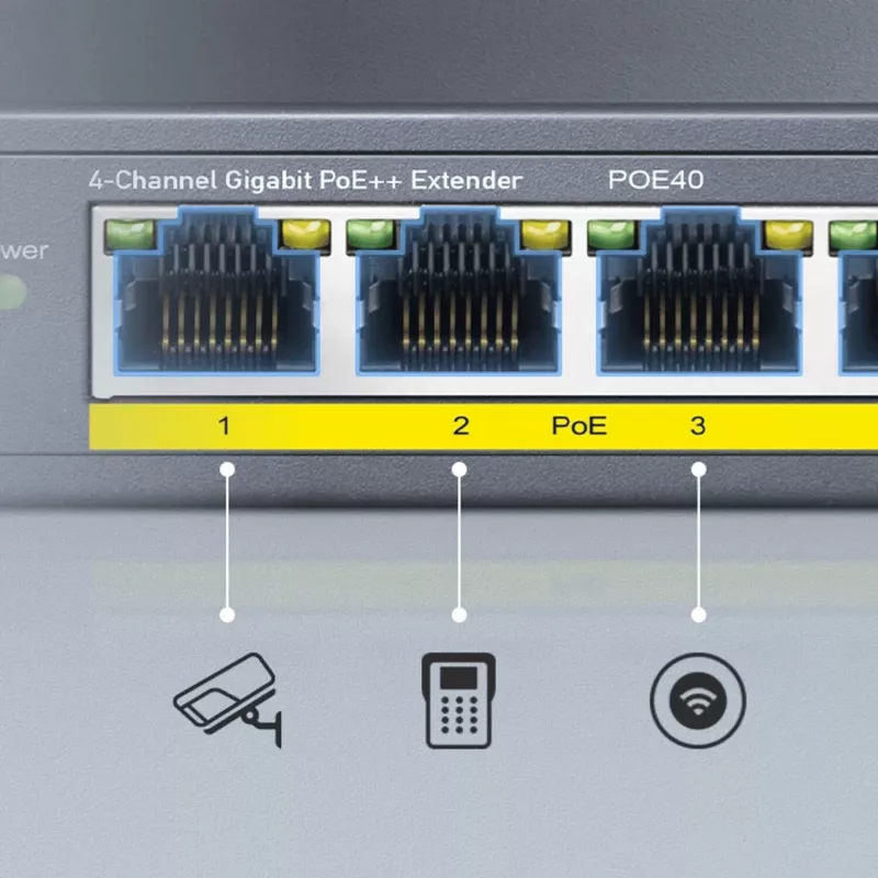 CUDY POE40 switch/extender PoE 4 porte con 1 uplink, 802.3af/at, Extend 250m, case in metallo
