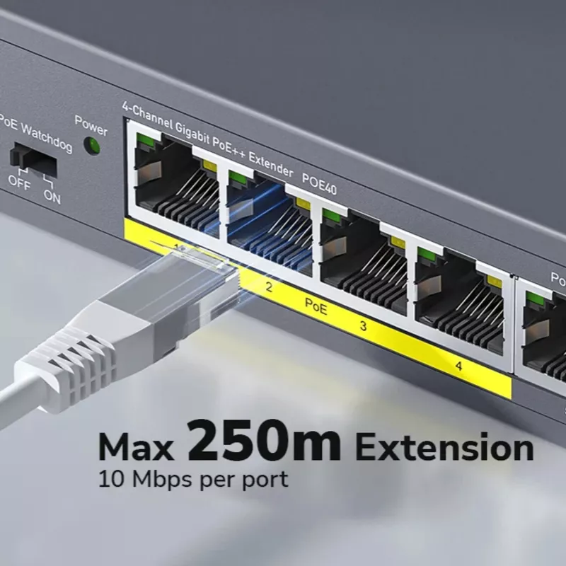 CUDY POE40 switch/extender PoE 4 porte con 1 uplink, 802.3af/at, Extend 250m, case in metallo