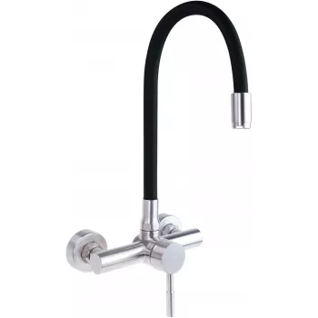 DEANTE Rubinetto da cucina a parete con becco curvo, cromo, miscelatore monocomando, ottone, portata 220 mm