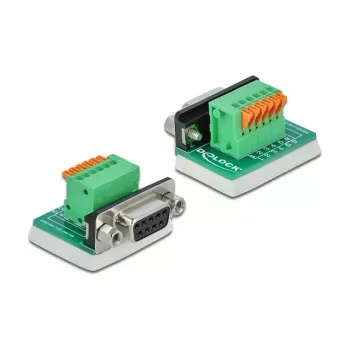 Delock adattatore D-Sub 9 connettore femmina su morsettiera 6 pin con viti zigrinate e pulsante 66556