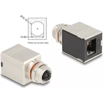 Delock Adattatore M12 codifica X 8 pin femmina a RJ45 femmina Cat.6A STP schermato dritto