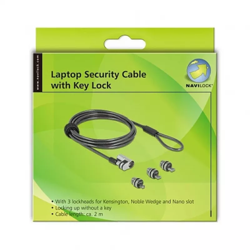 Delock Navilock cavo di sicurezza per notebook con 3 testine di bloccaggio per Kensington, Noble Wedge e Nano Slot (20676)
