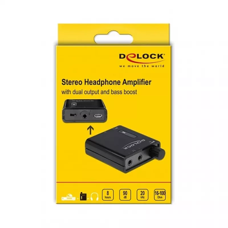 Delock amplificatore stereo portatile per cuffie con due uscite e bass boost