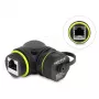 Delock Giunto RJ45 Cat.6 femmina a femmina con filettatura M23 x 1,5 mm e tappo di protezione, angolato 90°, IP68, nero
