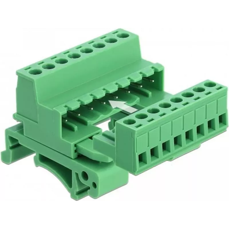 DeLOCK set morsettiera per guida DIN, 8 poli, passo 5,08 mm, angolare, verde