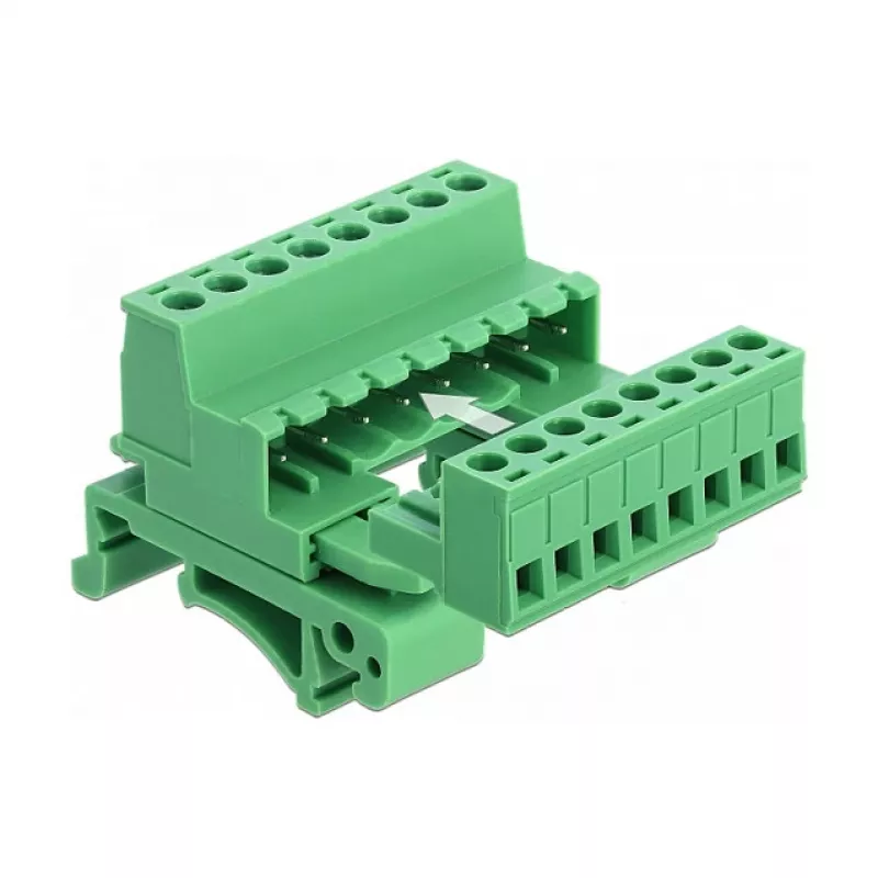 DeLOCK set morsettiera per guida DIN, 8 poli, passo 5,08 mm, angolare, verde