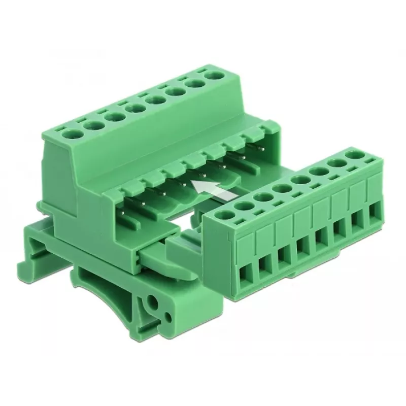 DeLOCK set morsettiera per guida DIN, 8 poli, passo 5,08 mm, angolare, verde