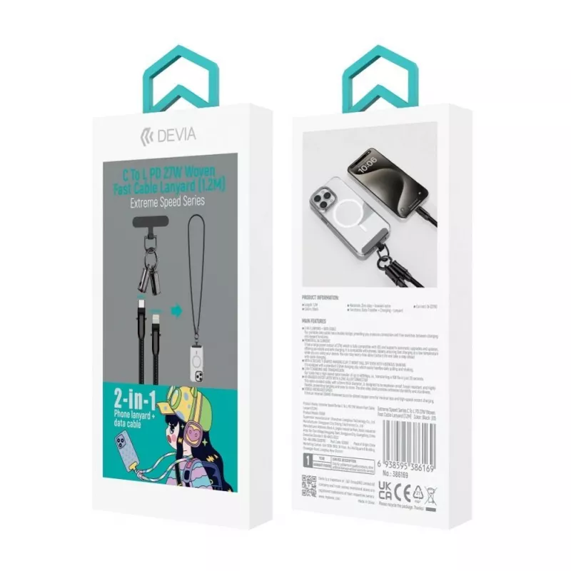 Devia Cavo 2-in-1 USB-C a Lightning Lanyard 1,2m 27W Nero