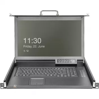 DIGITUS Console KVM LCD HD modulare con TFT 17 pollici, connessione KVM CAT 5 a 16 porte, touchpad, layout tastiera tedesco