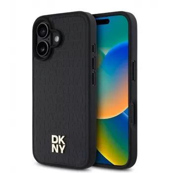 DKNY Apple iPhone 16 Plus Custodia in pelle PU con motivo ripetuto Stack Logo, MagSafe, nero
