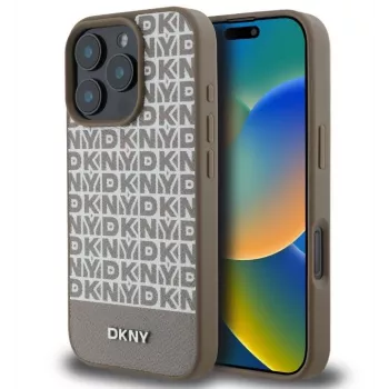 DKNY Apple iPhone 16 Pro Max Custodia in pelle PU con motivo ripetuto e striscia inferiore, MagSafe, marrone