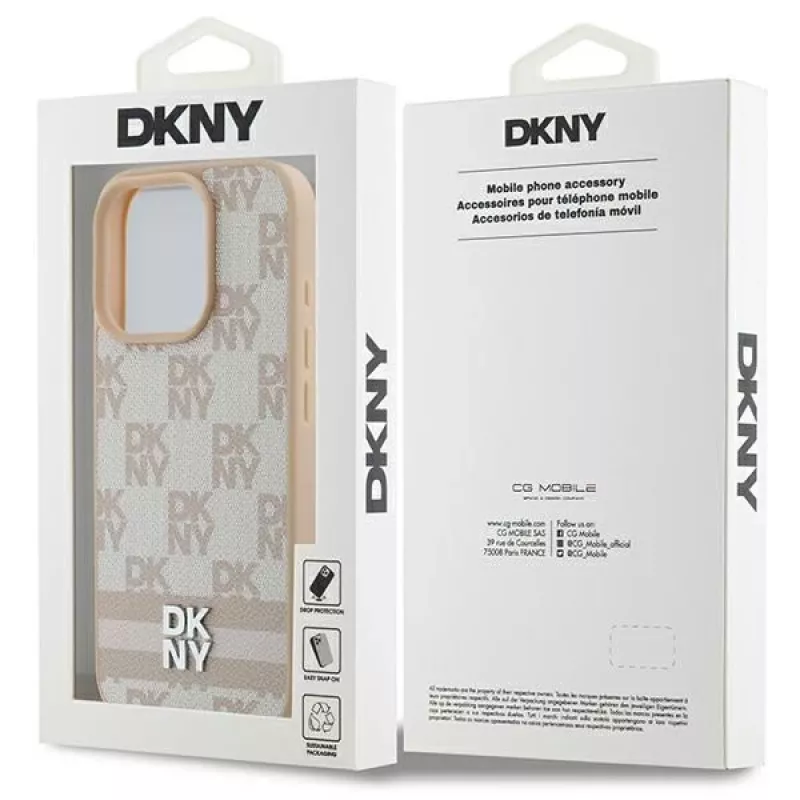 DKNY Custodia per iPhone 16 Pro con motivo a quadri e strisce stampate - rosa