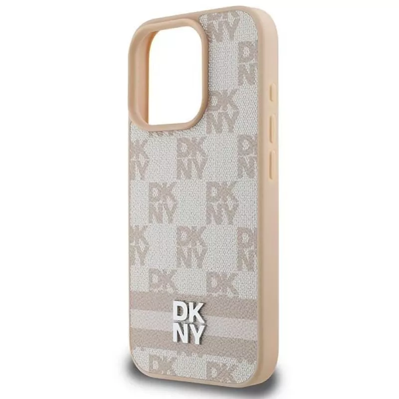 DKNY Custodia per iPhone 16 Pro con motivo a quadri e strisce stampate - rosa