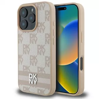 DKNY Custodia per iPhone 16 Pro con motivo a quadri e strisce stampate - rosa
