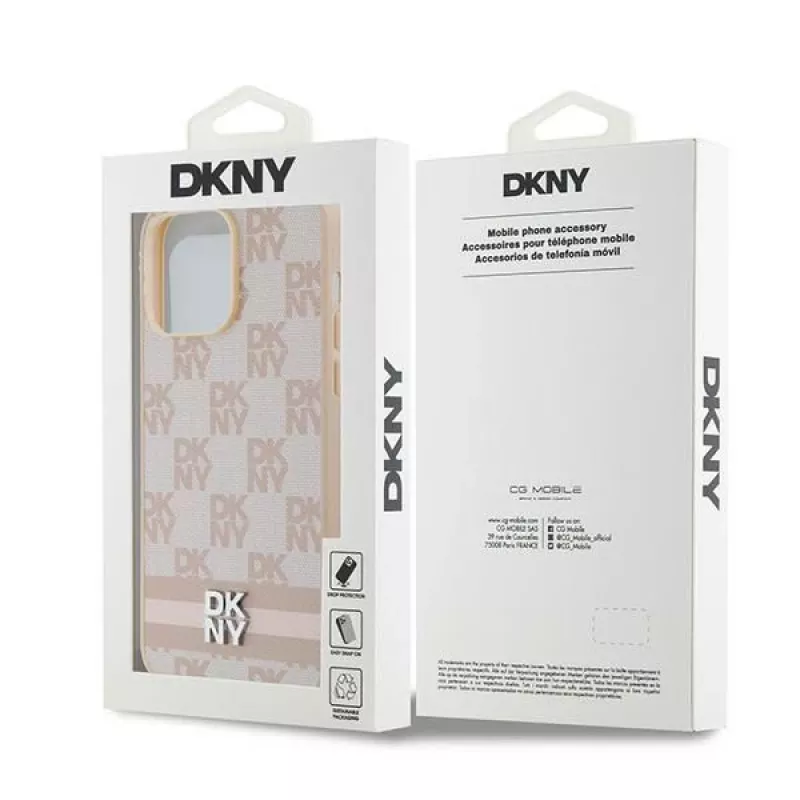 DKNY Custodia in pelle con motivo Mono a quadri e strisce stampate per iPhone 14 Pro Max - Rosa