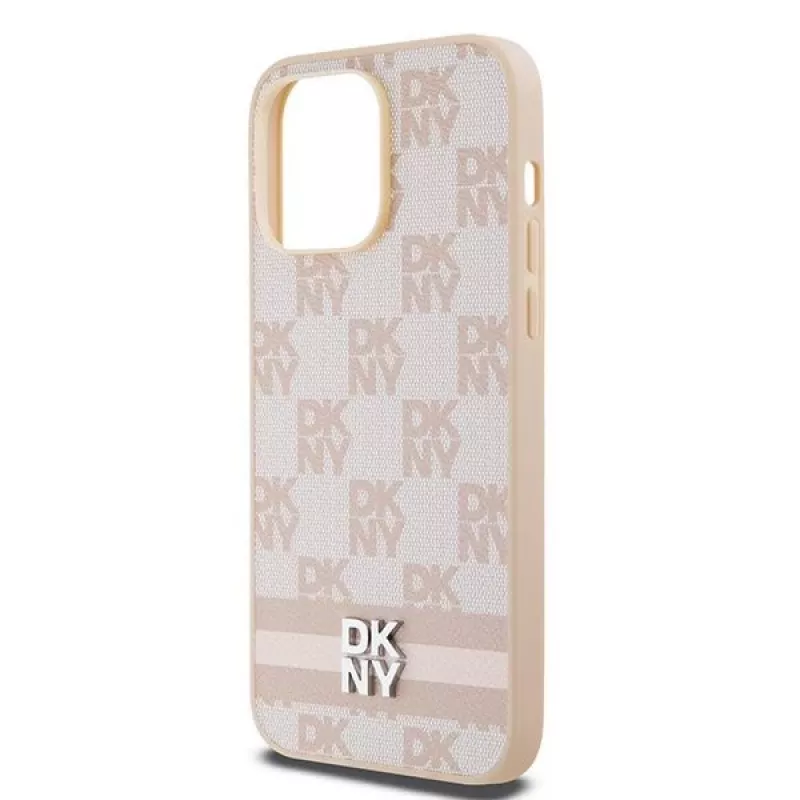 DKNY Custodia in pelle con motivo Mono a quadri e strisce stampate per iPhone 14 Pro Max - Rosa