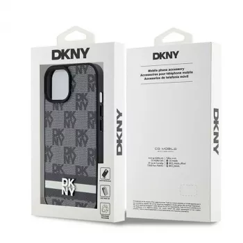 DKNY Custodia in pelle con motivo monogramma a quadri e strisce stampate per iPhone 15/14/13 - Nero