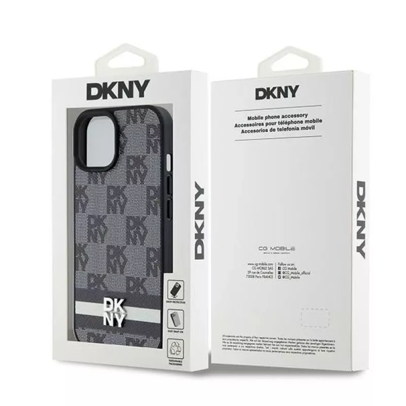 DKNY Custodia in pelle con motivo monogramma a quadri e strisce stampate per iPhone 15/14/13 - Nero