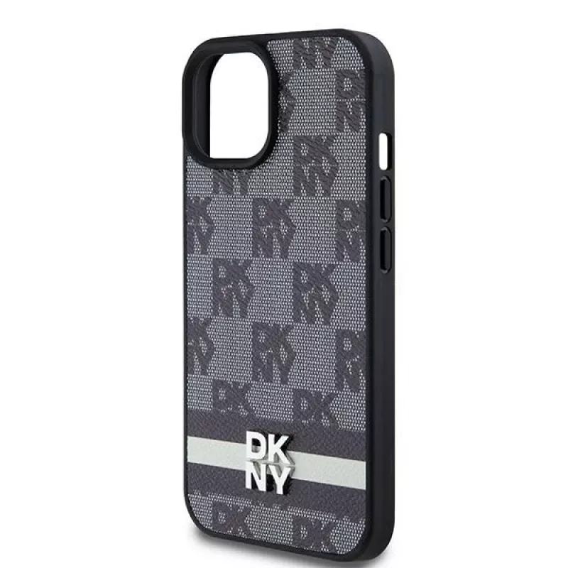 DKNY Custodia in pelle con motivo monogramma a quadri e strisce stampate per iPhone 15/14/13 - Nero
