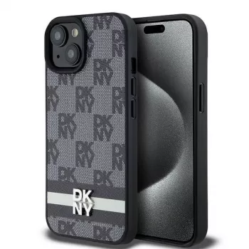 DKNY Custodia in pelle con motivo monogramma a quadri e strisce stampate per iPhone 15/14/13 - Nero