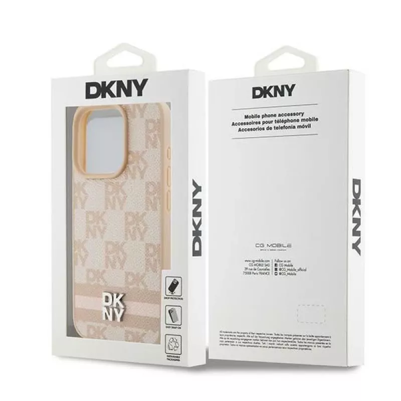 DKNY Custodia in pelle con motivo Mono a quadri e strisce stampate per iPhone 15 Pro Max - Rosa