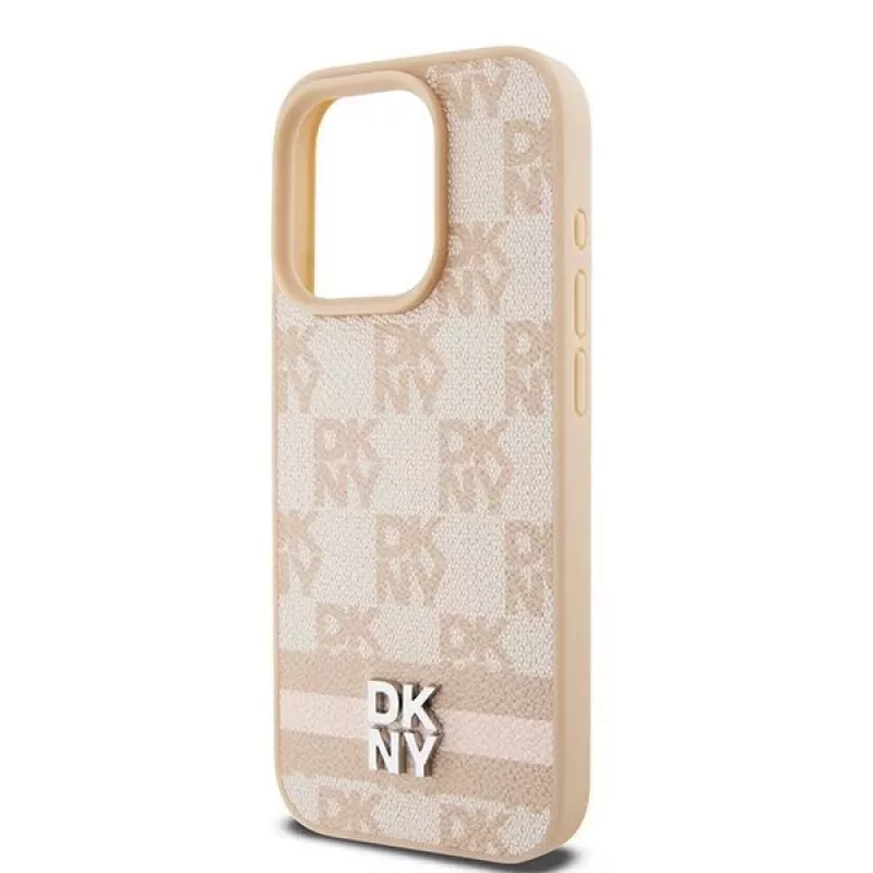 DKNY Custodia in pelle con motivo Mono a quadri e strisce stampate per iPhone 15 Pro - Rosa