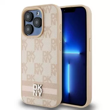 DKNY Custodia in pelle con motivo Mono a quadri e strisce stampate per iPhone 15 Pro - Rosa