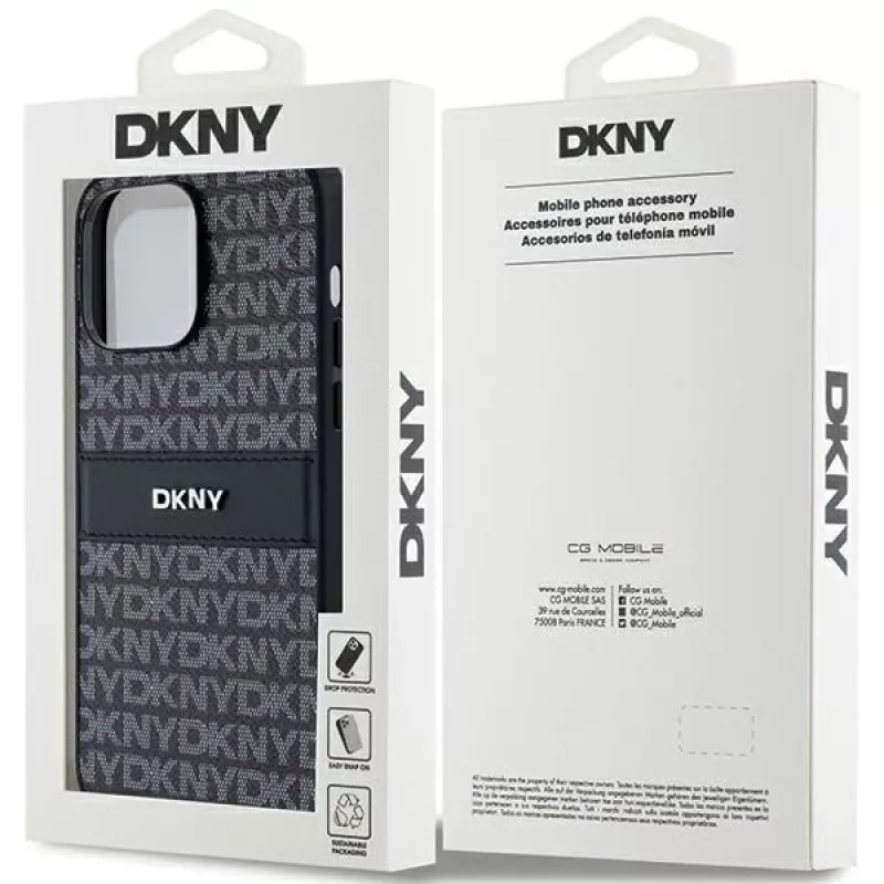 DKNY Custodia in pelle Mono Stripe e logo in metallo per Apple iPhone 14 Pro - Nero