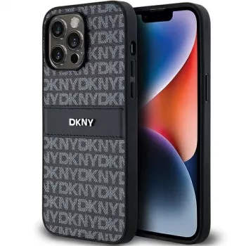 DKNY Custodia in pelle Mono Stripe e logo in metallo per Apple iPhone 14 Pro - Nero