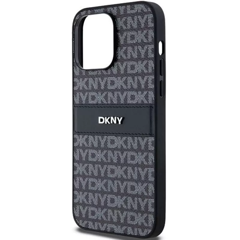 DKNY Custodia in pelle Mono Stripe con logo in metallo per iPhone 14 Pro Max - Nero
