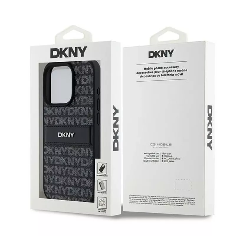 DKNY Custodia in pelle Mono Stripe con logo in metallo per iPhone 15 Pro - Nero