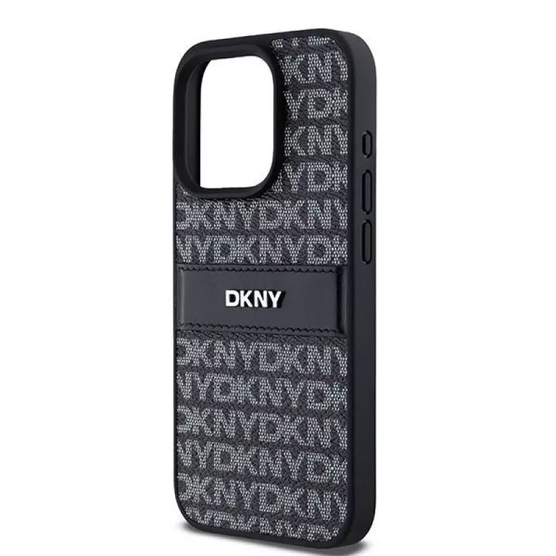 DKNY Custodia in pelle Mono Stripe con logo in metallo per iPhone 15 Pro - Nero