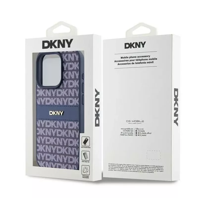 DKNY Custodia in pelle Mono Stripe e logo in metallo per iPhone 15 Pro - Blu