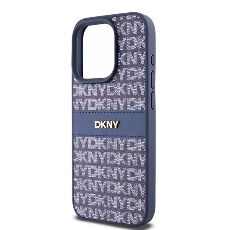 DKNY Custodia in pelle Mono Stripe e logo in metallo per iPhone 15 Pro - Blu