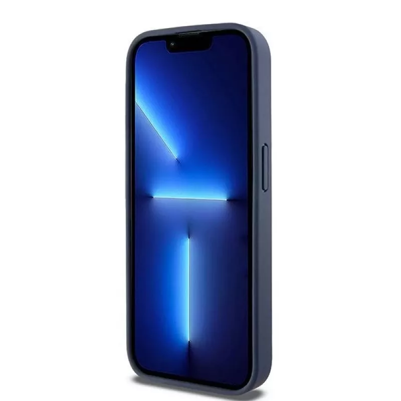 DKNY Custodia in pelle Mono Stripe e logo in metallo per iPhone 15 Pro - Blu
