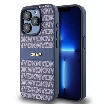 DKNY Custodia in pelle Mono Stripe e logo in metallo per iPhone 15 Pro - Blu