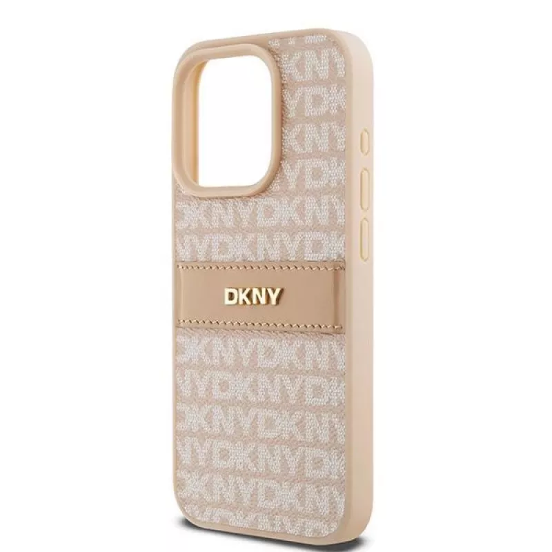 DKNY Custodia in pelle Mono Stripe con logo in metallo per iPhone 15 Pro - Rosa