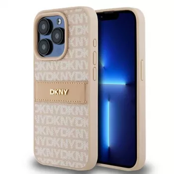DKNY Custodia in pelle Mono Stripe con logo in metallo per iPhone 15 Pro - Rosa
