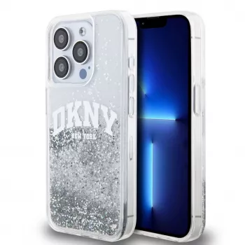 DKNY custodia Liquid Glitter Arch Logo per iPhone 14 Pro trasparente