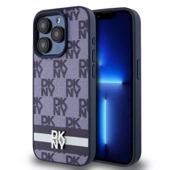 DKNY custodia in pelle PU con motivo a quadri e strisce per iPhone 15 Pro blu