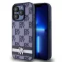 Custodia in pelle PU DKNY con motivo a quadri e strisce per iPhone 15 Pro Max blu