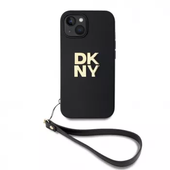 DKNY Custodia con cinturino da polso in pelle PU Stack Logo per iPhone 13 - nero