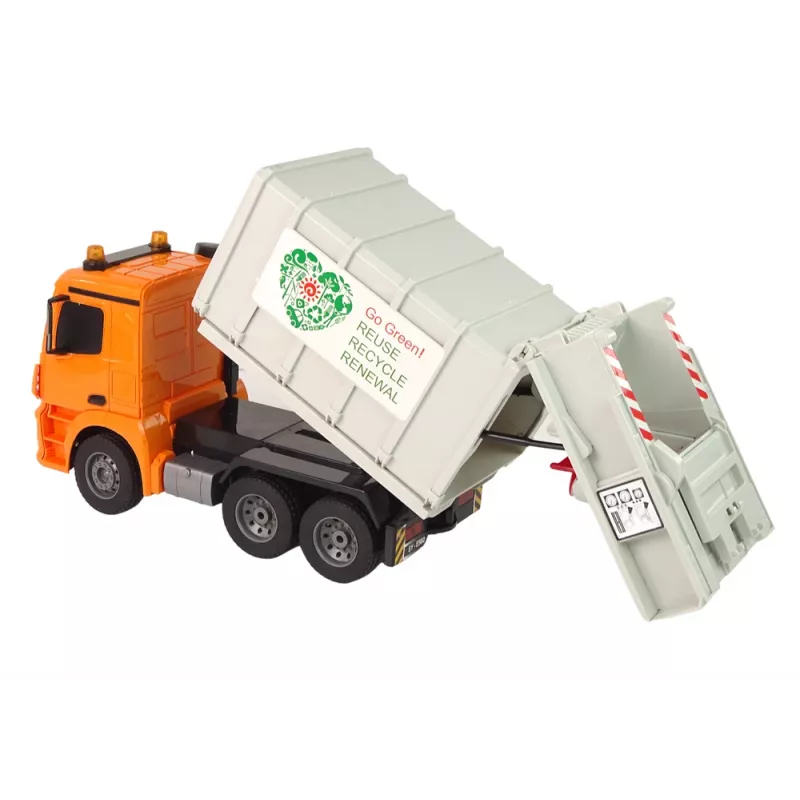 Double E Camion della spazzatura radiocomandato Mercedes-Benz Antos con contenitore arancione 12898