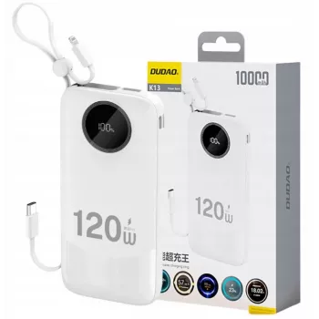 Dudao Powerbank Ricarica Rapida 120W con Cavo Integrato e Display Digitale, 10000mAh, Bianco