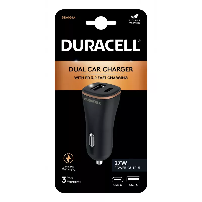 Duracell Power Travel Caricabatterie 12V USB-A + USB-C 18W PD Caricabatterie da auto DR6026A