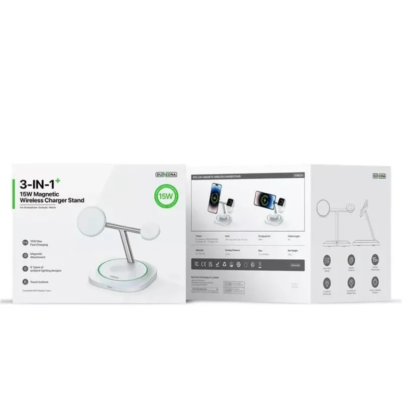 Duzzona W16 caricabatterie wireless magnetico 3-in-1 15W bianco