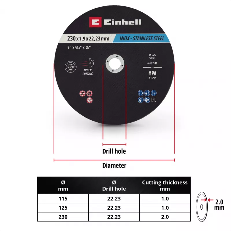 Einhell dischi da taglio sottili 230 x 2,0 mm per smerigliatrice angolare, confezione da 10 711524