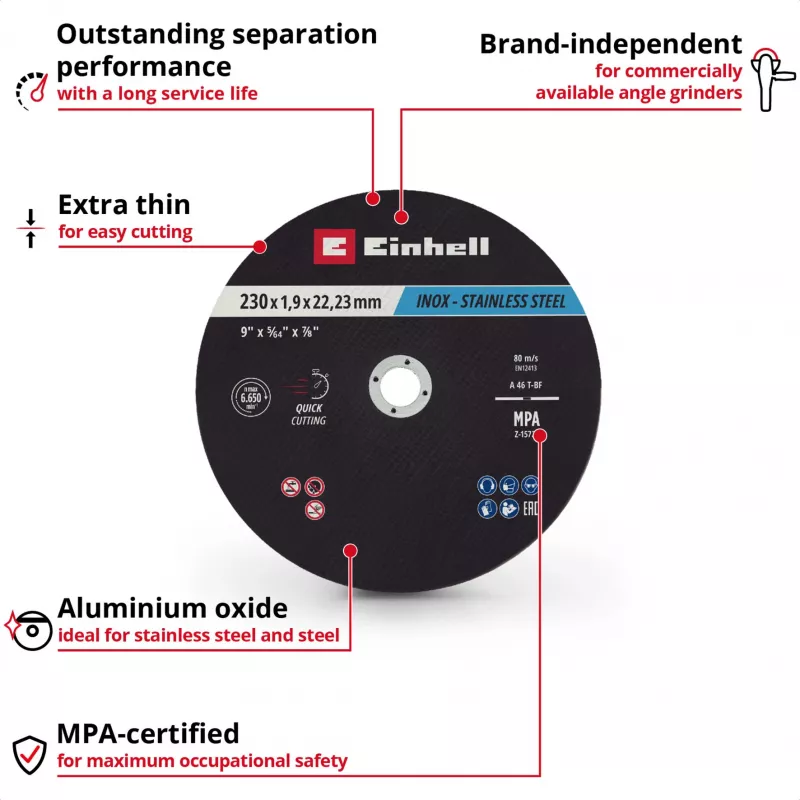 Einhell dischi da taglio sottili 230 x 2,0 mm per smerigliatrice angolare, confezione da 10 711524