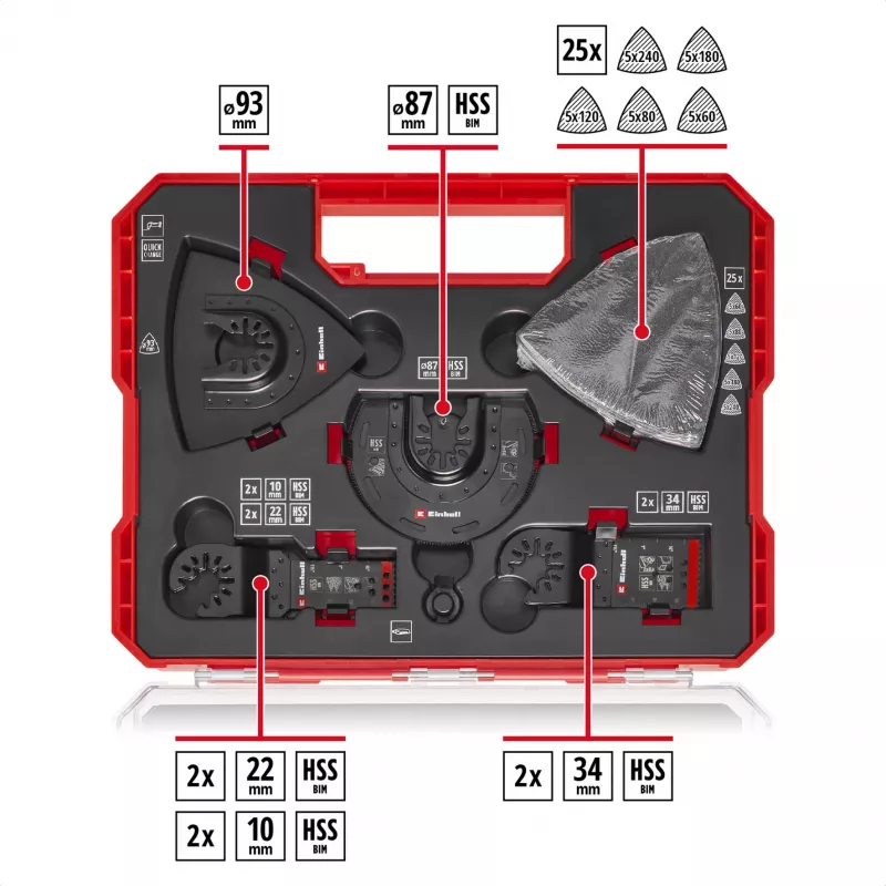 Einhell 708135 XL-PLUS-CASE set accessori per utensili multifunzione BiM HSS, 10 pezzi