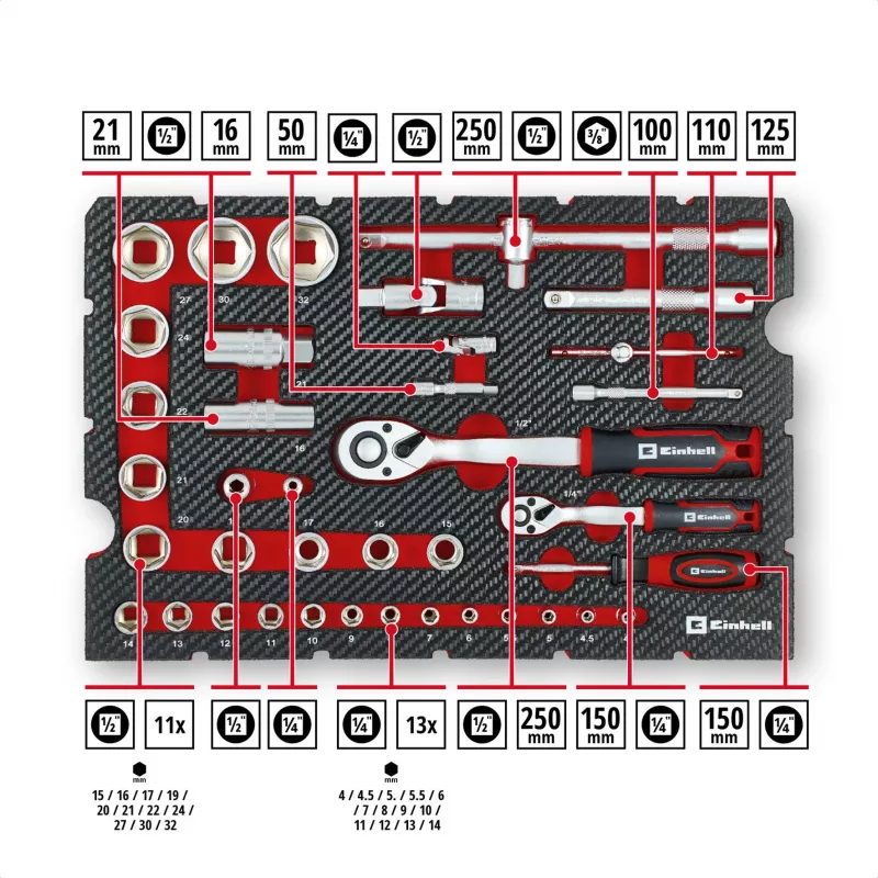 Einhell E-Case Set di utensili da meccanico 201 pezzi (acciaio cromo-vanadio, impilabile) (370513)